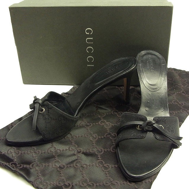 GUCCI Sandals #38C Women's Black Canvas x Leather T1316 Brand High Brand Vintage