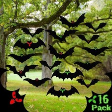 Hanging Bats Halloween Decorations Outdoor - 16 Pack Glowing Eyes Large Flying B