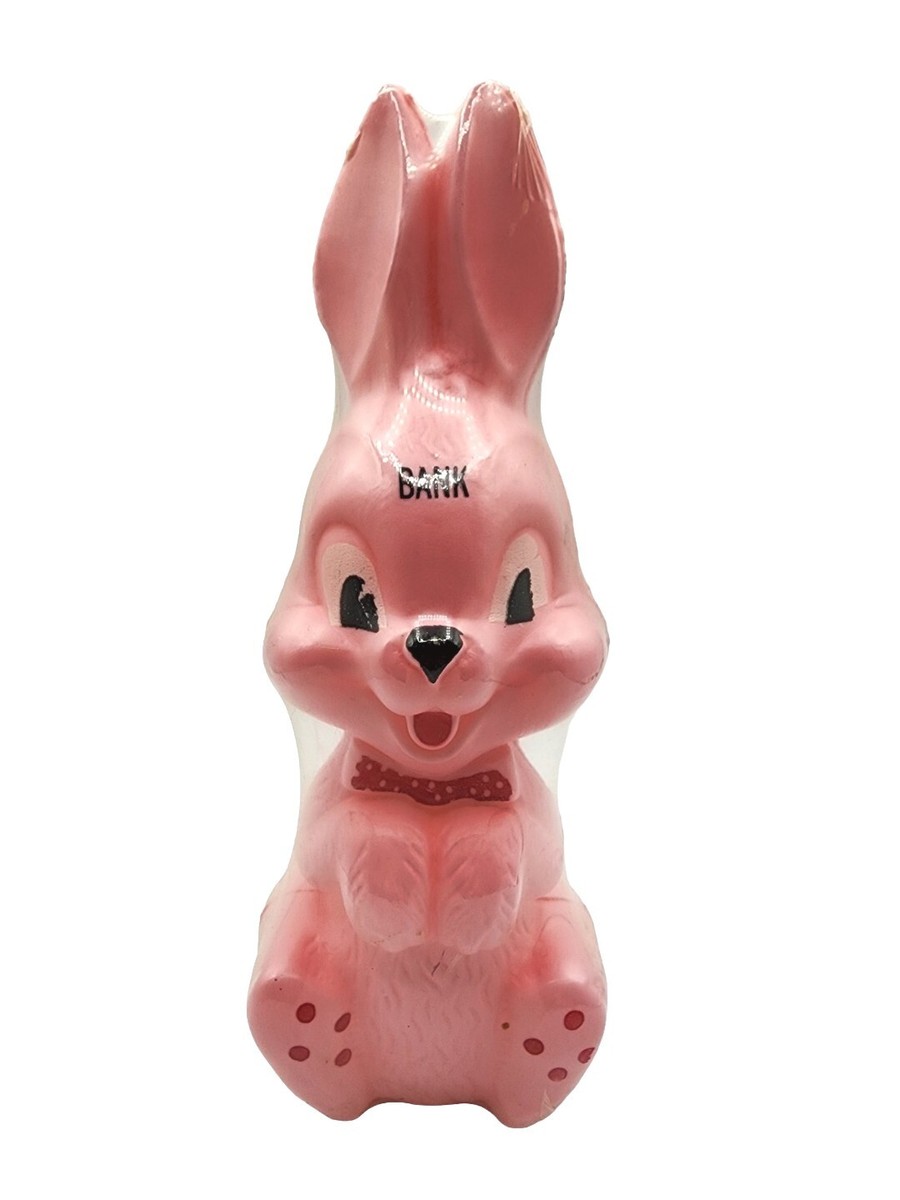 Vintage Easter Blow Mold Pink Plastic Easter Bunny Rabbit Coin Bank New  Sealed