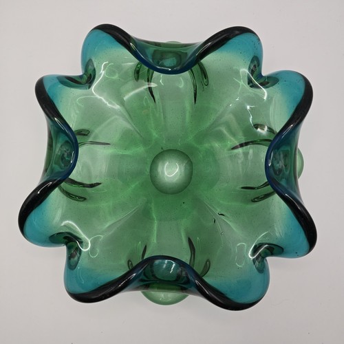 Vintage Murano Style Glass Blue Green Bowl Rolled Edge Flower Console Dish 9.25" - Picture 9 of 11