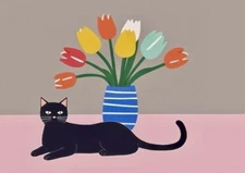 ACEO Mini **Art Print** Black Cat Kitten & Multi Color Tulip Flowers by Saulite