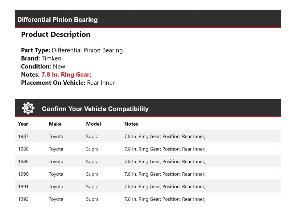 Cojinete de piñón diferencial trasero Timken 1988 para Toyota Supra 1987-1992 Foto 2 de 4