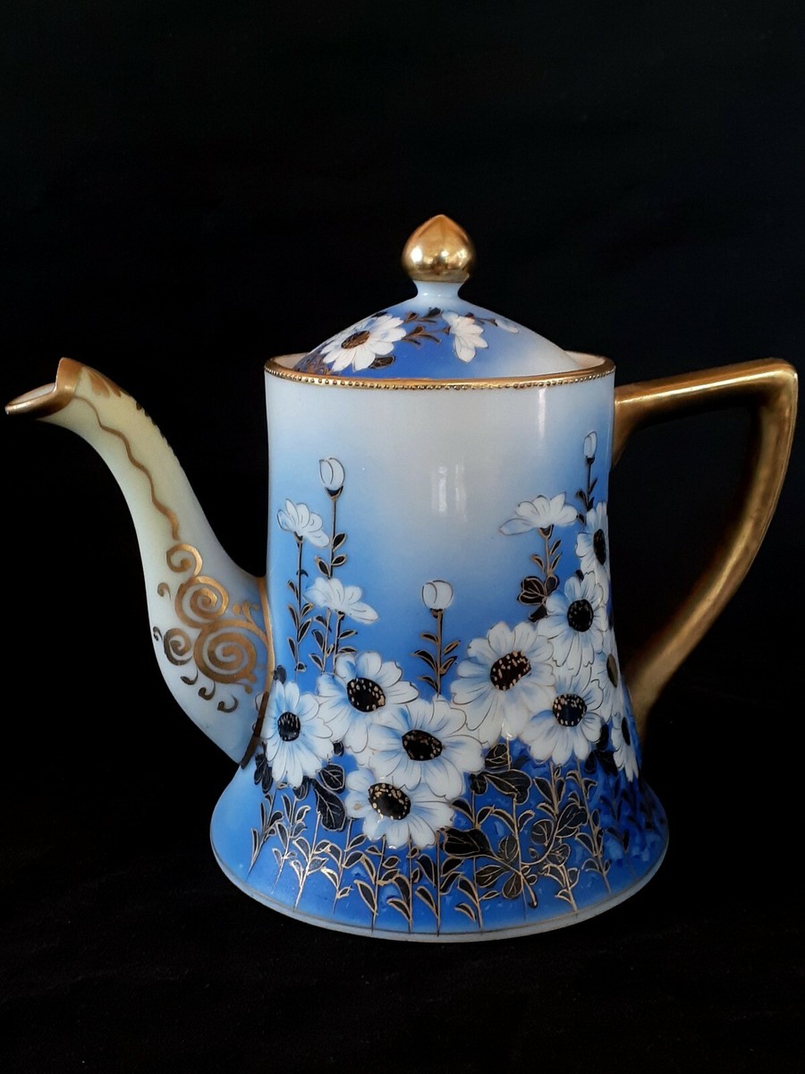 一茶 Antique Nippon hand painted blue eggshell porcelain Dasies