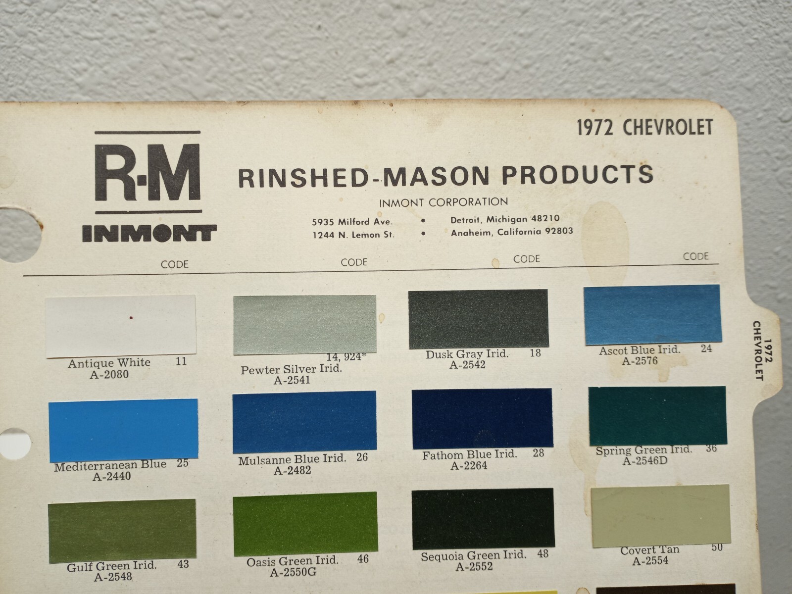 1972 Chevrolet Paint Chip Sheet R-M Inmont Chart AD-64/72 2/74 USA | Paper