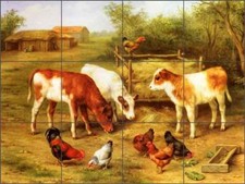 Tile Mural Backsplash Ceramic Hunt Cows Chickens Rooster Country Life Art EH002