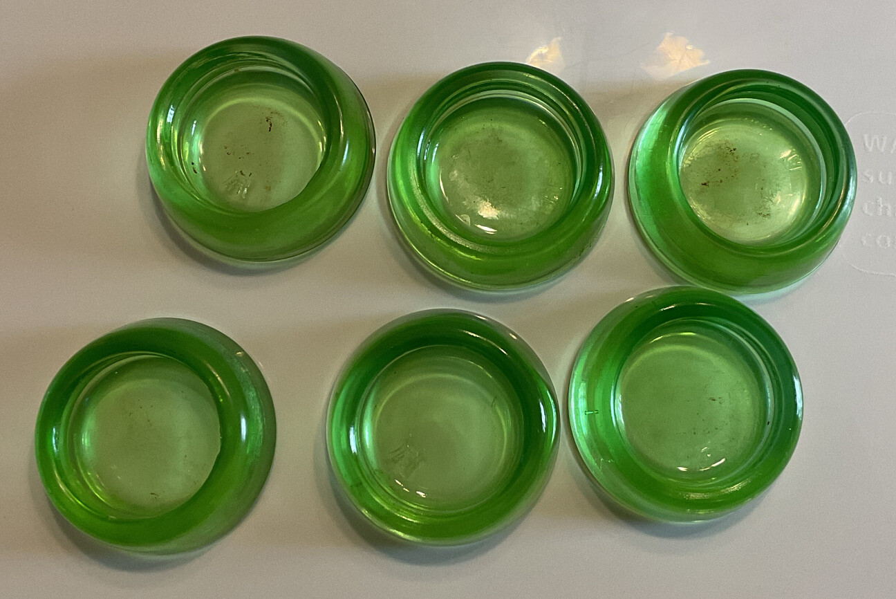 Vtg Lot of 62 3/8” Hazel Atlas Uranium Green Glass Furniture Coasters