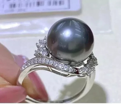 Huge AAAA++10-11 mm genuine Tahiti black pearl ring 925S adjustable - Picture 2 of 5