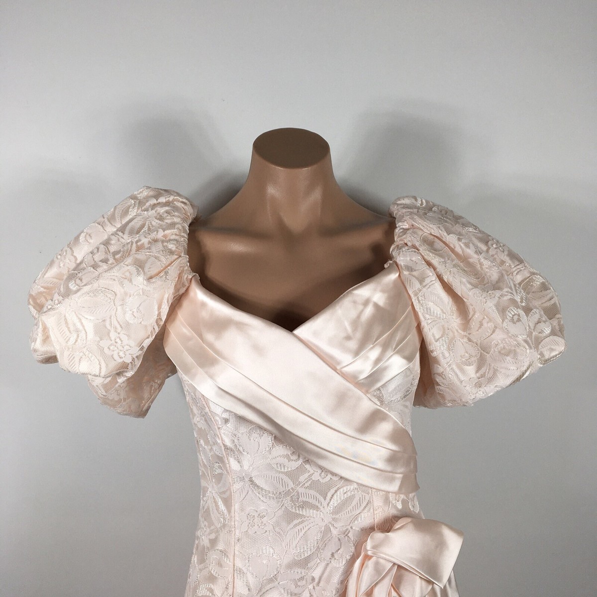 VTG 80s Prom Pink Lace PUFFY BUBBLE SLEEVE Party Evening Dress
