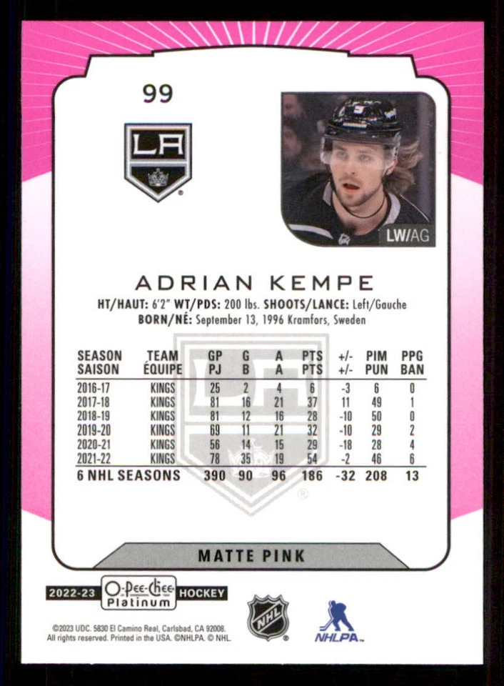 2022-23 O-Pee-Chee Platinum Matte Pink #99 Adrian Kempe - Image 2 of 2