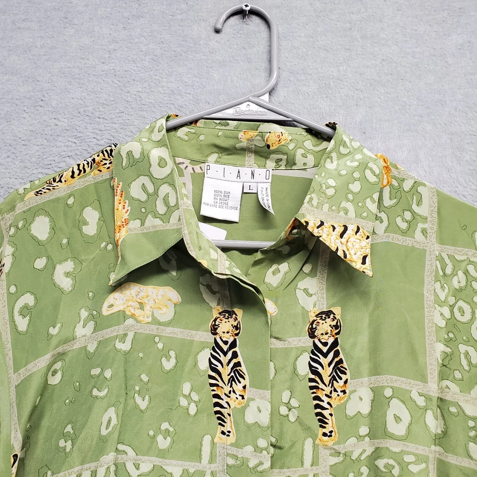 Blusa DE COLECCIÓN Piano Mujer Top L Oliva Tigre Leopardo Estampado Animal 100% Seda Foto 2 de 4