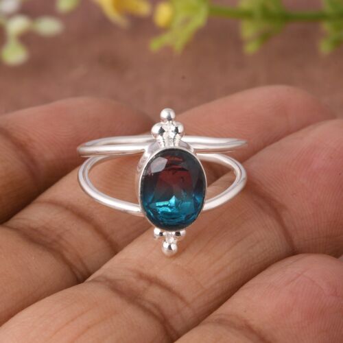 Bezel Alexandrite Oval Ring Sterling Silver Double Band Ring For Her Jewelry - Afbeelding 1 van 9