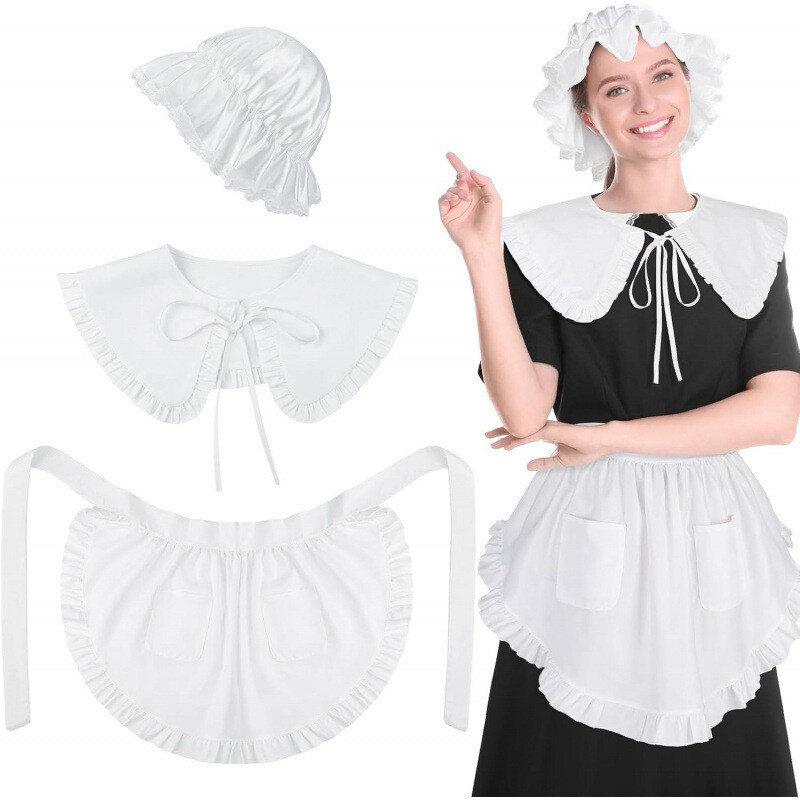 1700s 4 Pc Colonial Work Dress Apron Shawl Mob Cap Outfit Costume for Teens Adults