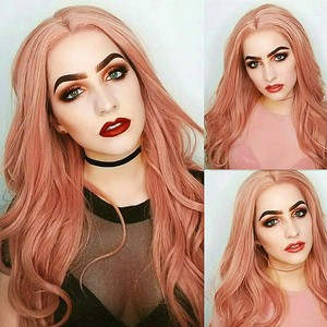 Coral Pink Women Long Hair Wig Curly Wavy Synthetic Anime Cosplay