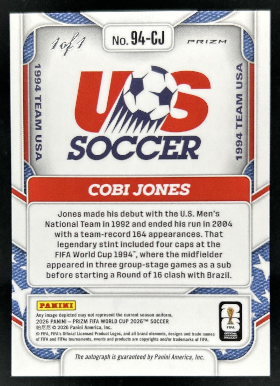 2026 Prizm World Cup Cobi Jones 1994 USA Signatures Black Celestial Auto #1/1 view 2