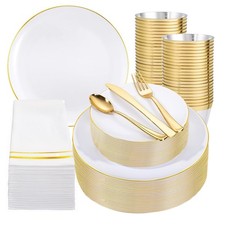 Festiva 350Pcs Gold Plastic Plates - White and Gold Dinnerware Set Disposable...