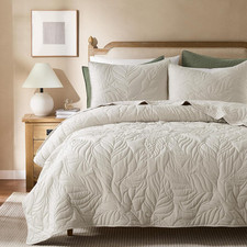 Beige King Size Quilt Set, Neutral Soft Lightweight Bedspread, Farmhouse Rustic