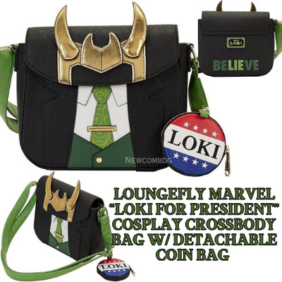 NEW NWT Loungefly Marvel ?Loki For President? Cosplay Crossbody Bag w/ Coin Bag
