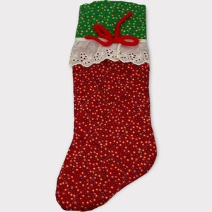 Vintage Quilted Calico Christmas Stocking Red Green Bow Hand Made 15 Inch Kitst