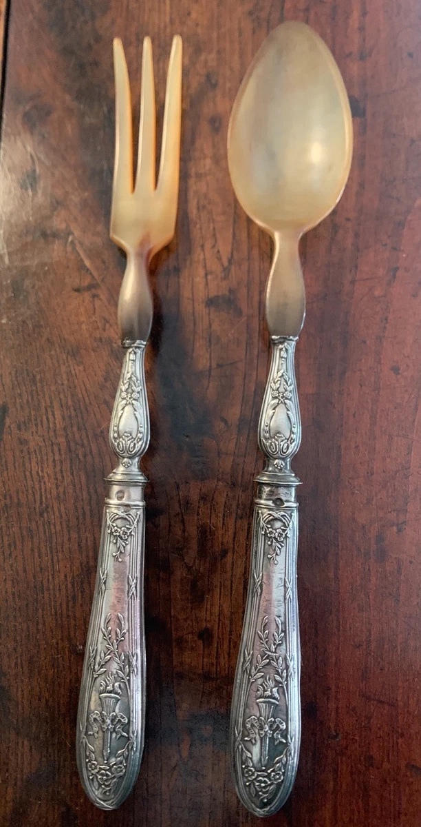 Ancien Couvert à Salade - Manche En Argent Fourré - Cuillère Et Fourchette (Thème Poisson)