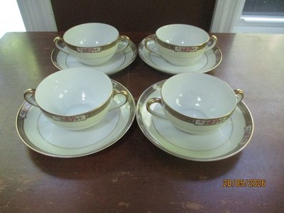 4 - 1940's Noritake Morimura Fine China Japan Cream Soup Cup & Saucer Sets Roses