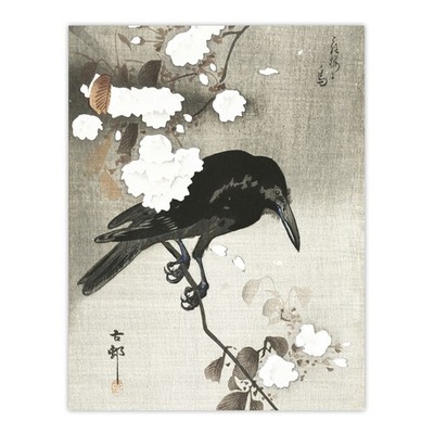 Krähe mit Kirschblüten Blumen Retro Japan gerahmter Wandbilddruck Koson