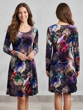 Karen Kane Floral A-Line Dress Size L Long Sleeve Viscose Spandex Made in USA