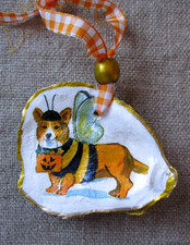 Corgi Dog Trick or Treater Handmade Oyster Shell Halloween Ornament