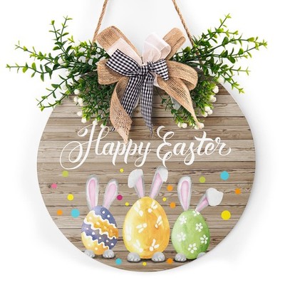 Happy Easter Wooden Hanging Sign Colorful Eggs 12X12inches, Easter03 