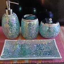 Mosaic Glass Bathroom Accessory Set Blue Green White Purple Soap Dispenser Jar
