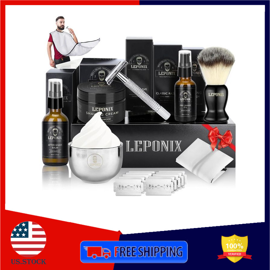 Men Shaving Gift Set with Safety Razor, Cream, Aftershave & Brush