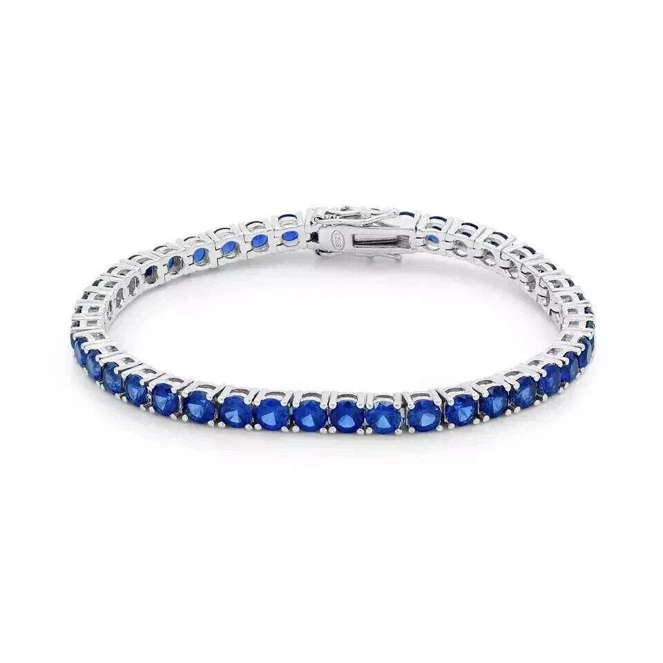 Pulseira de tênis feminina folheada a ouro branco 14K corte redondo azul criada em laboratório 8 quilates - Imagem 2 de 4