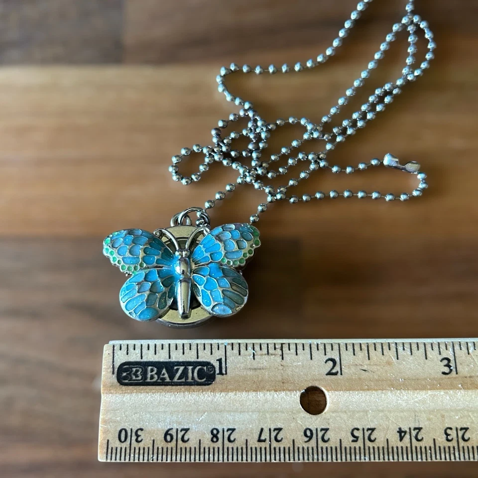 Бабочка медальон часы подвеска ожерелье синий эмаль серебристого тона новый аккумулятор - Изображение 4 из 4