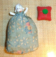 2 VINTAGE PINCUSHIONS PORCELAIN HALF DOLL LITTLE DUTCH GIRL & SMALL RED PILLOW