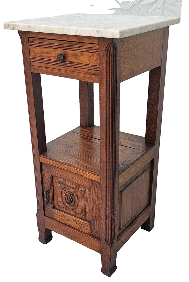 Antique 1920s French Oak Nightstand Carved Grape Design with White Marble Top - Image 3 of 4