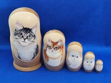 Set 5 Matryoshka Russian Nesting Dolls Hand Painted White Orange Gray Tabby Cats
