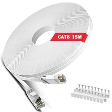 Cat 6 Ethernet Cable 50 ft White Flat LAN Patch Cord Snagless RJ45 Clips