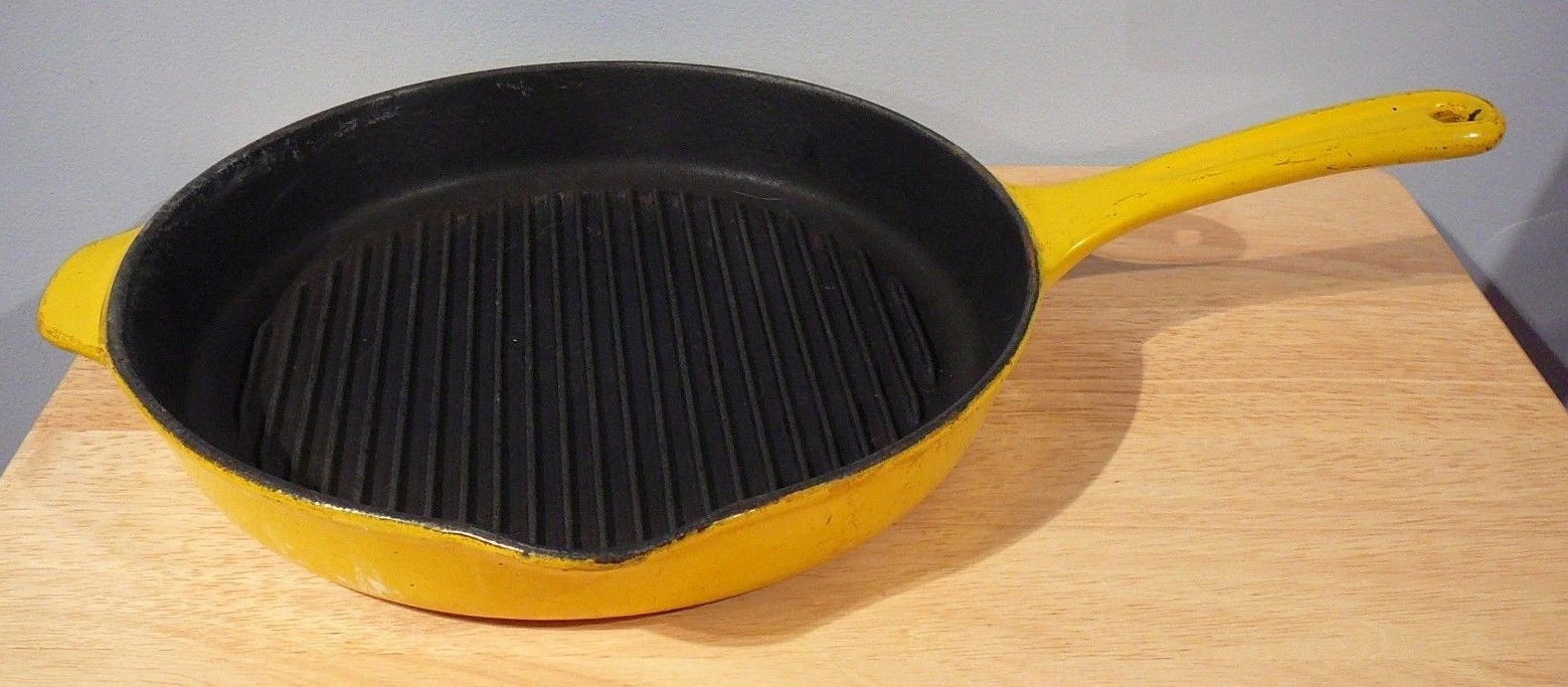 Vintage Yellow Enamel Cast Iron Grill Pan 11" Skillet