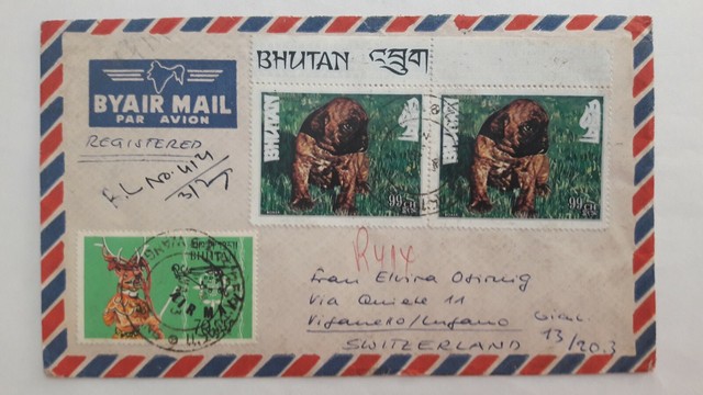 BHUTAN cover airmail to Lugano Switzerland 1973 manual registered; dogs BHUTAN cover airmail to Lugano Switzerland 1973 manual registered; dogs