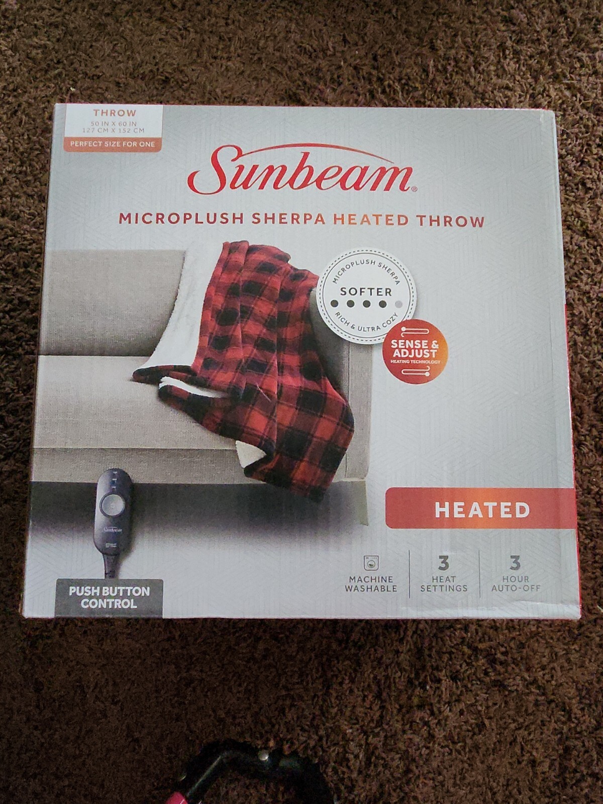 Sunbeam Heated Electric Throw Blanket, Cozy Sherpa Red Buffalo Checker