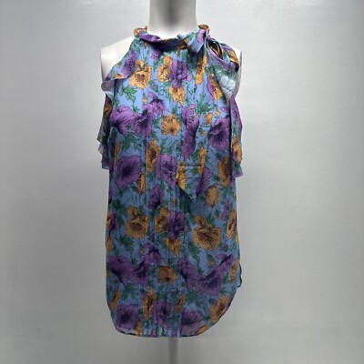 Veronica Beard Dali Halter Top Pure Silk Bow Tie Neck Floral Blue New Size 6