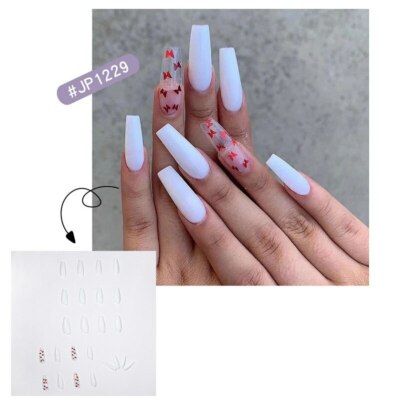 White Fake Nails Coffin With Red Holo Butterfly Detachable Artificial False Nail Ebay