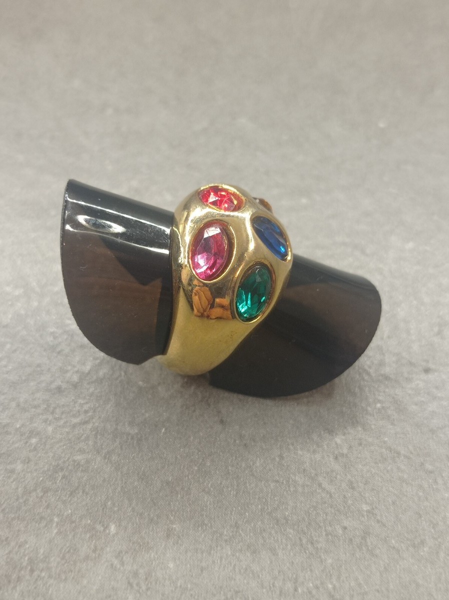 Bague CCB Années 1990 Métal Doré Ornée De 5 Oxydes - Taille 55, Occasion, Pièce Vintage