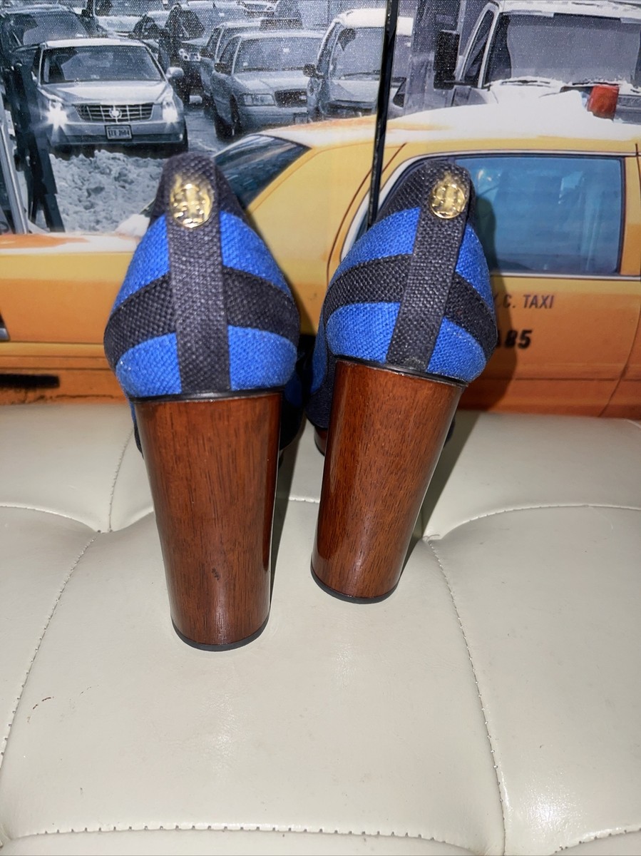 TORY BURCH Joelle Navy/ Blue Striped Fabric Wood Platform