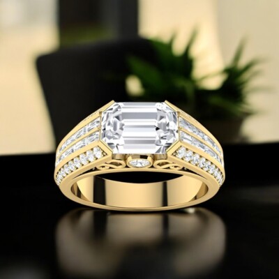 Herren 14K Gelbgold 4 Kt Smaragdschliff IGI Lab gezüchteter Diamantringe Band...