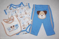 Toddler Boys 3 Piece Set PUPPY LOVE 3-6 Mo Bodysuit BLUE PANTS Bib BROWN Dog