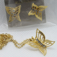 Gold Tone Butterfly Necklace Earrings Jewelry Set For Women Girls