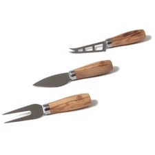 3-Piece Stainless Steel Cheese Knife Set with Olive Wood Handles Fork