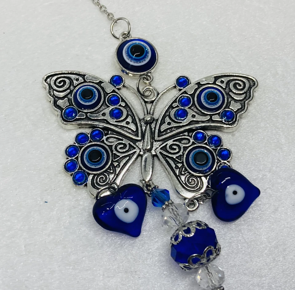 "Abrigo atrapasol mariposa vintage piedras ojos azules cristal vidrio 14"" arte decoración 1" Foto 4 de 4