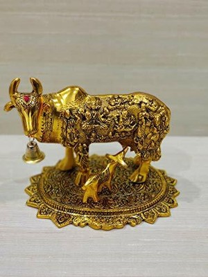 Metall Kamdhenu Kuh mit Kalb Statue Prunkstück vergoldet für Heimdekoration