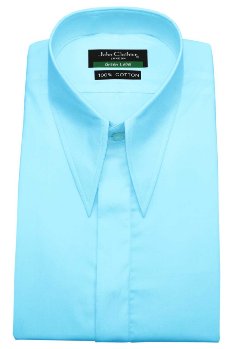 Turquoise Dress Shirt Men Wide 70s Dagger Spear Long Point Collar Hidden  Placket | eBay